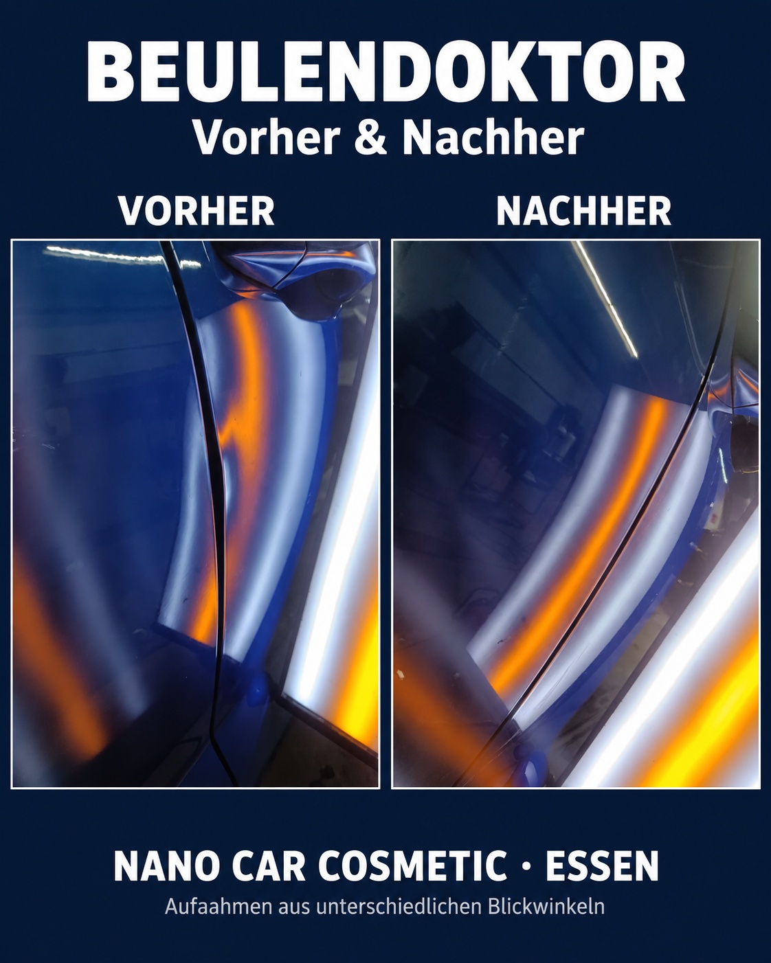 KI-gestützte Collage aus zwei Werkstattaufnahmen einer blauen Fahrzeugtür vor und nach der Beulenreparatur; unterschiedliche Blickwinkel. Nano Car Cosmetic in Essen.