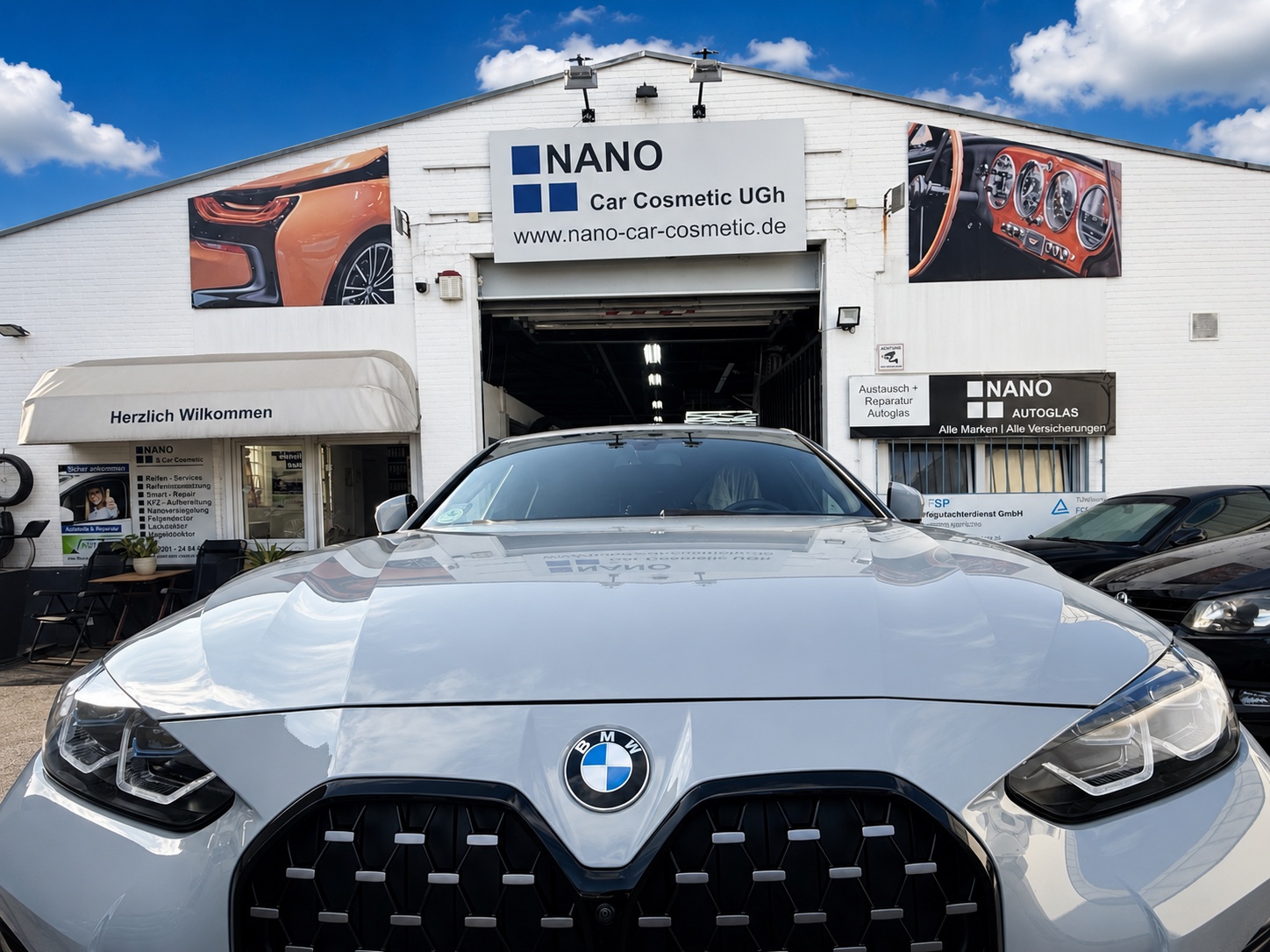Weißer BMW von vorn vor Nano Car Cosmetic in Essen