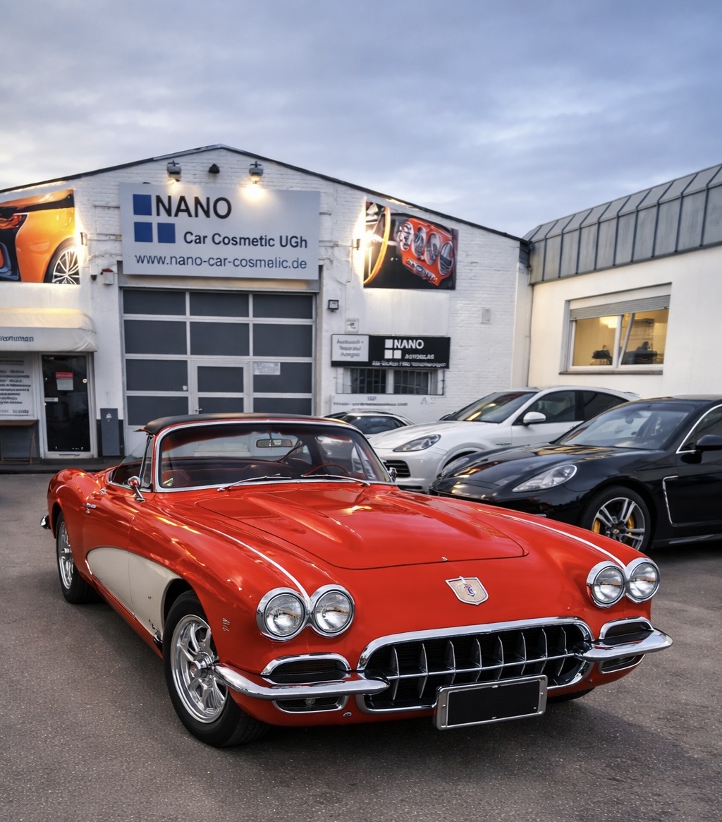 Rote Corvette mit Chromdetails vor dem Betrieb in Essen