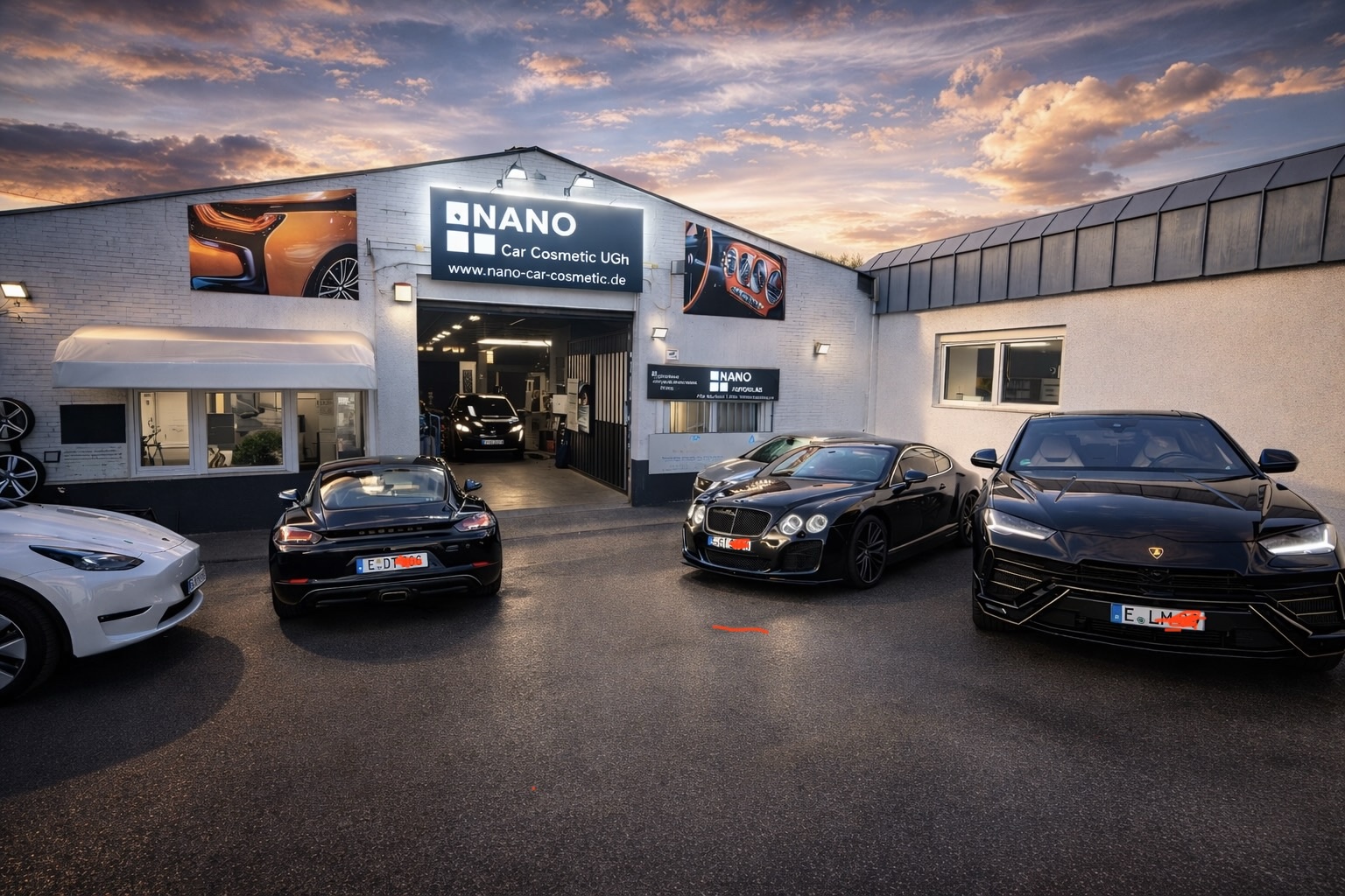 Lamborghini, Bentley und Porsche vor Nano Car Cosmetic im Abendlicht