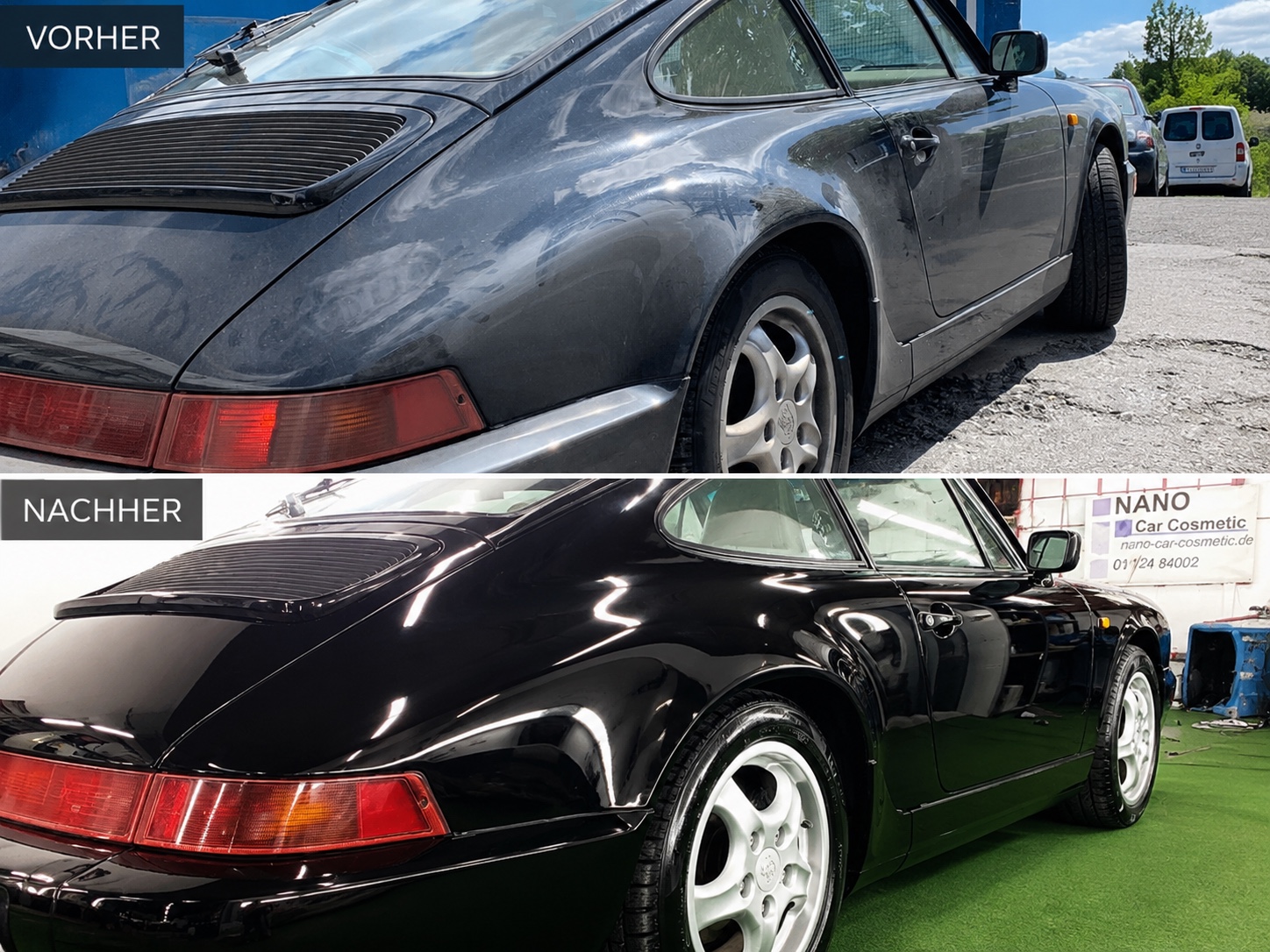 Bildvergleich eines Porsche mit matter und anschließend glänzender Lackoberfläche