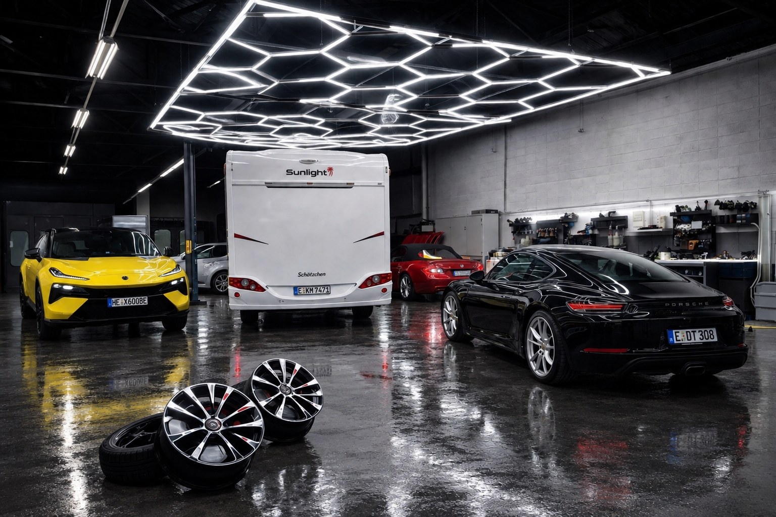Fahrzeuge, Wohnmobil und Felgen in der beleuchteten Werkstatthalle