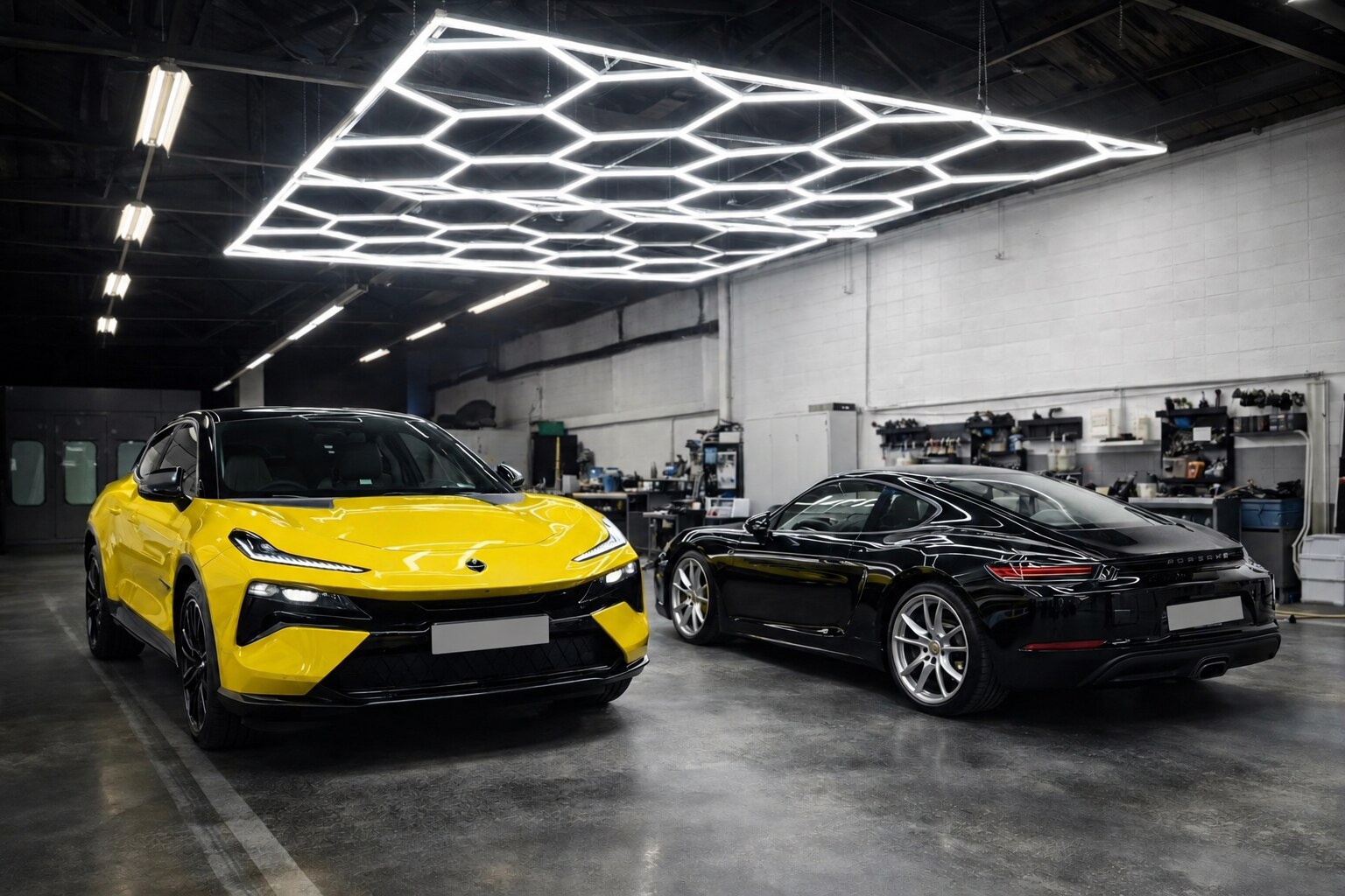 Gelber Lotus und schwarzer Porsche unter der Werkstattbeleuchtung bei Nano Car Cosmetic in Essen