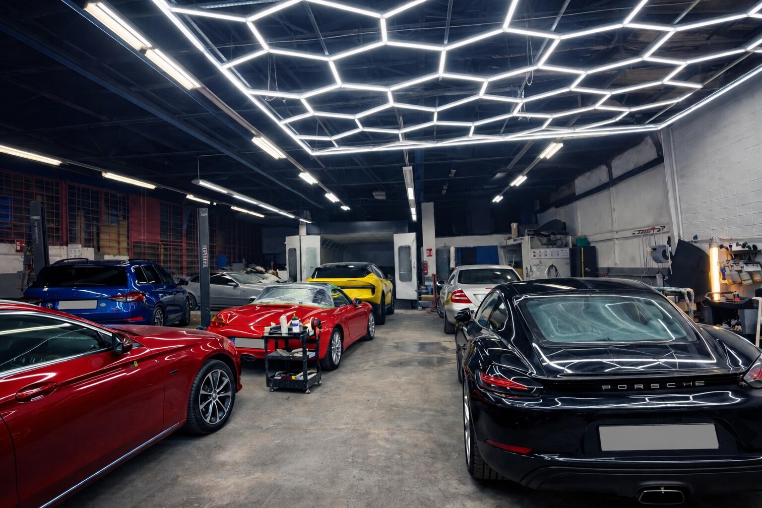 Mehrere Sportwagen und weitere Fahrzeuge in der Werkstatt von Nano Car Cosmetic in Essen